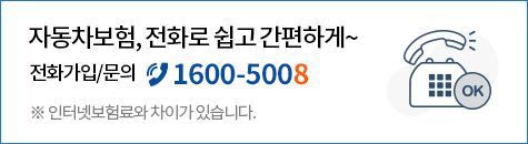 자동차보험, 전화로 쉽고 간편하게~ 전화가입/문의 1600-5008 *인터넷 보험료와 차이가 있습니다.
